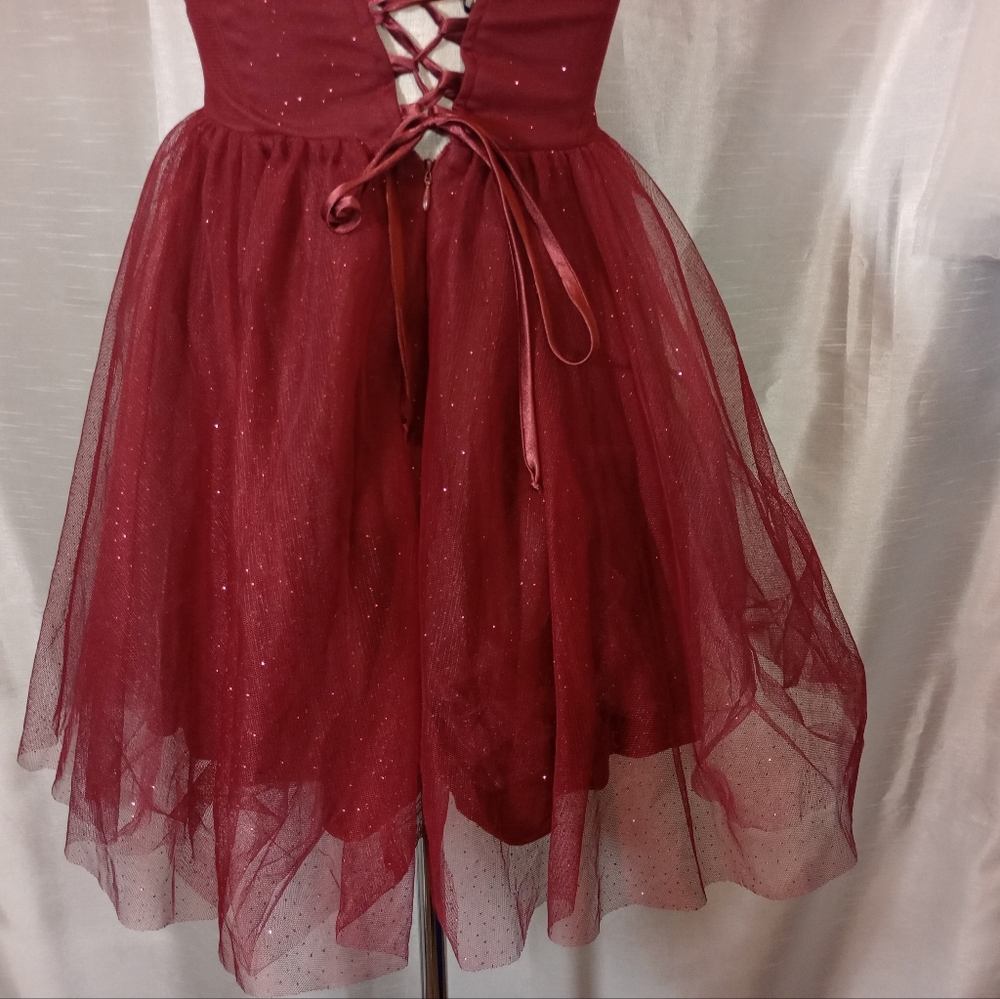 Speechless Strapless Formal, Sparkles, Short burgundy Corset LaceUp Back, Lace,5 - Picture 11 of 12